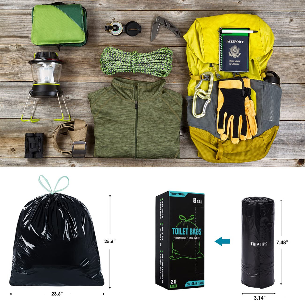 Triptips Portable Toilet Bags 20 Count Drawstring 8 Gallon Camping Toilet Bags Toilet Waste Bags Leak-Proof Toilet Liners, Trash