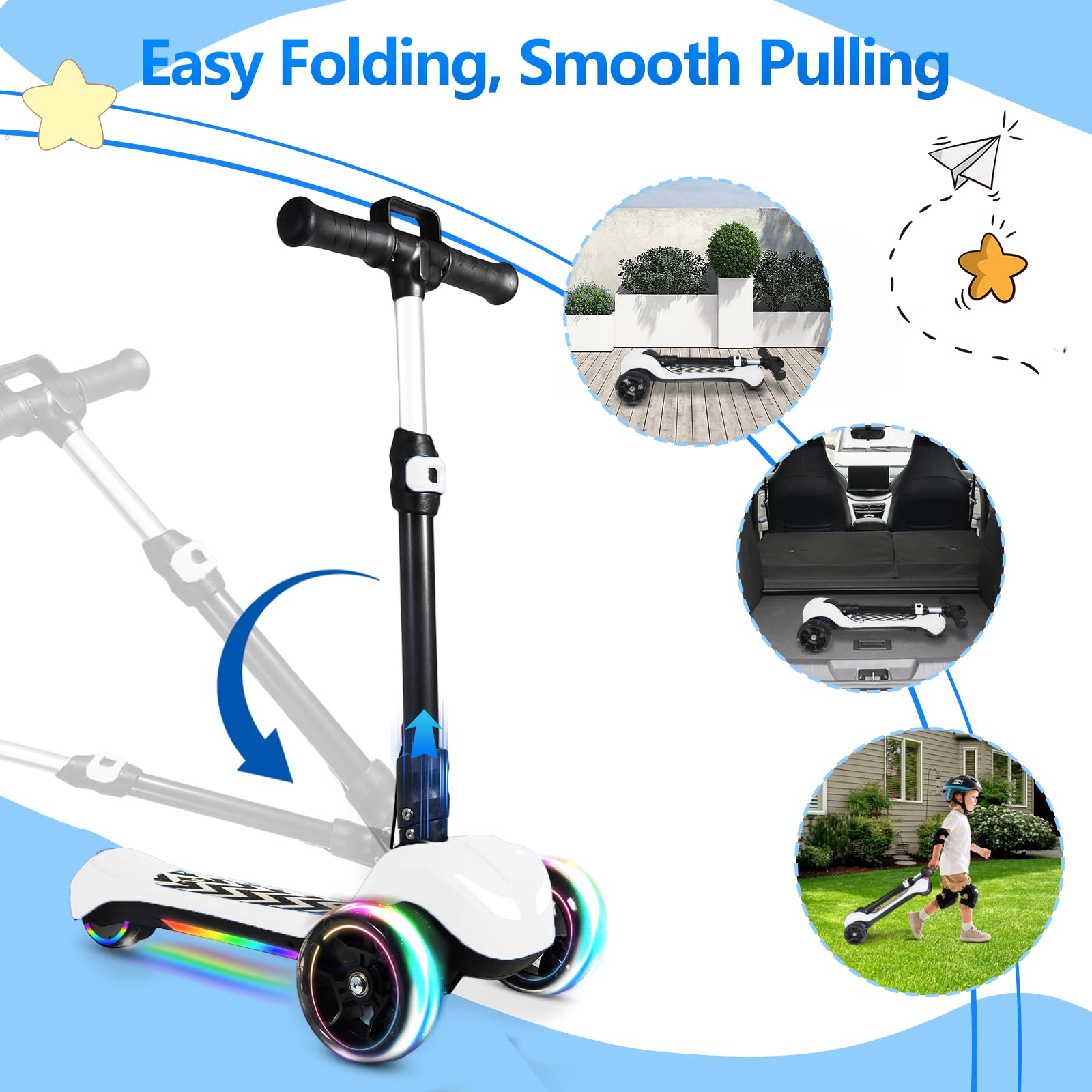Electric Scooter for Kids Ages 3-12, 3-Wheel Foldable Scooter with Full Body Lights, Wide Deck,3 Adjustable Heights, 5MPH Safe S