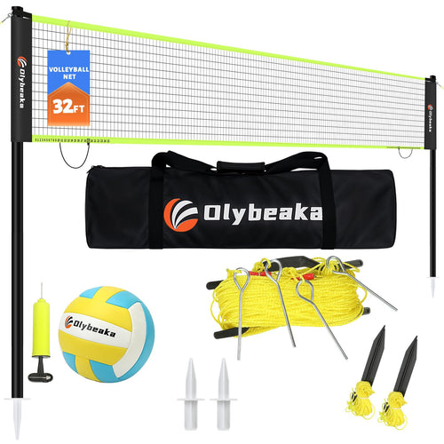 32ft Regulation Size Portable Outdoor Volleyball Net Set System for Backyard Beach with Height Adjustable Poles, PU Volleyball a