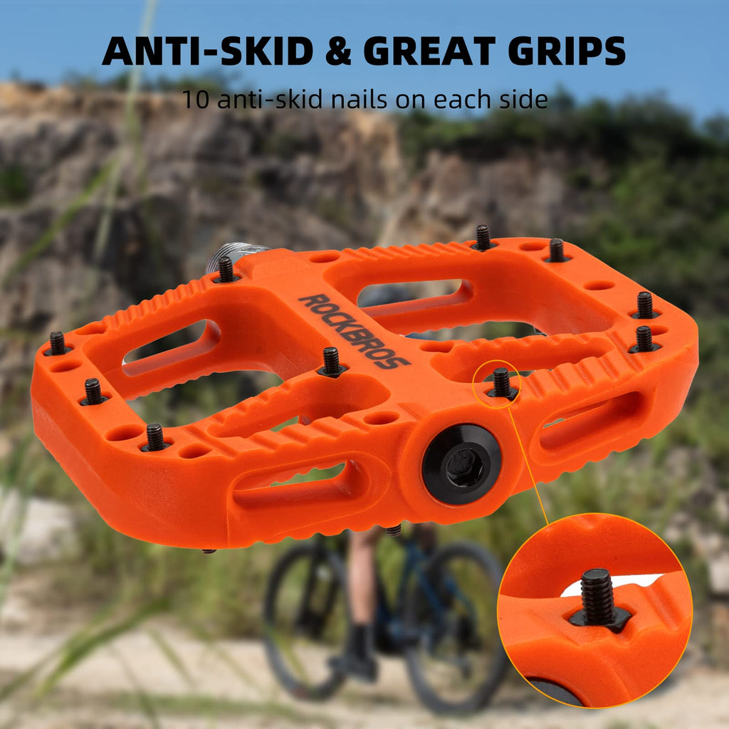 Rock Bros Mountain Bike Pedals Nylon Composite Bearing 9/16'' Mtb Bicycle Pedals With Wide Flat Platform Orange