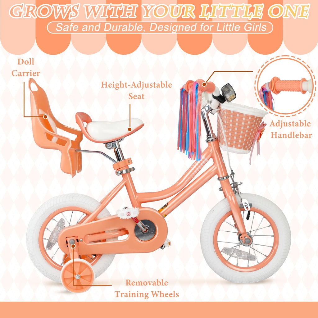 Glaf Kids Bike For Girls Boys Ages 3-9 Years, 12 14 16 Inch Girls Bike With Doll Bike Seat, Kids Bicycle With Training Wheels An