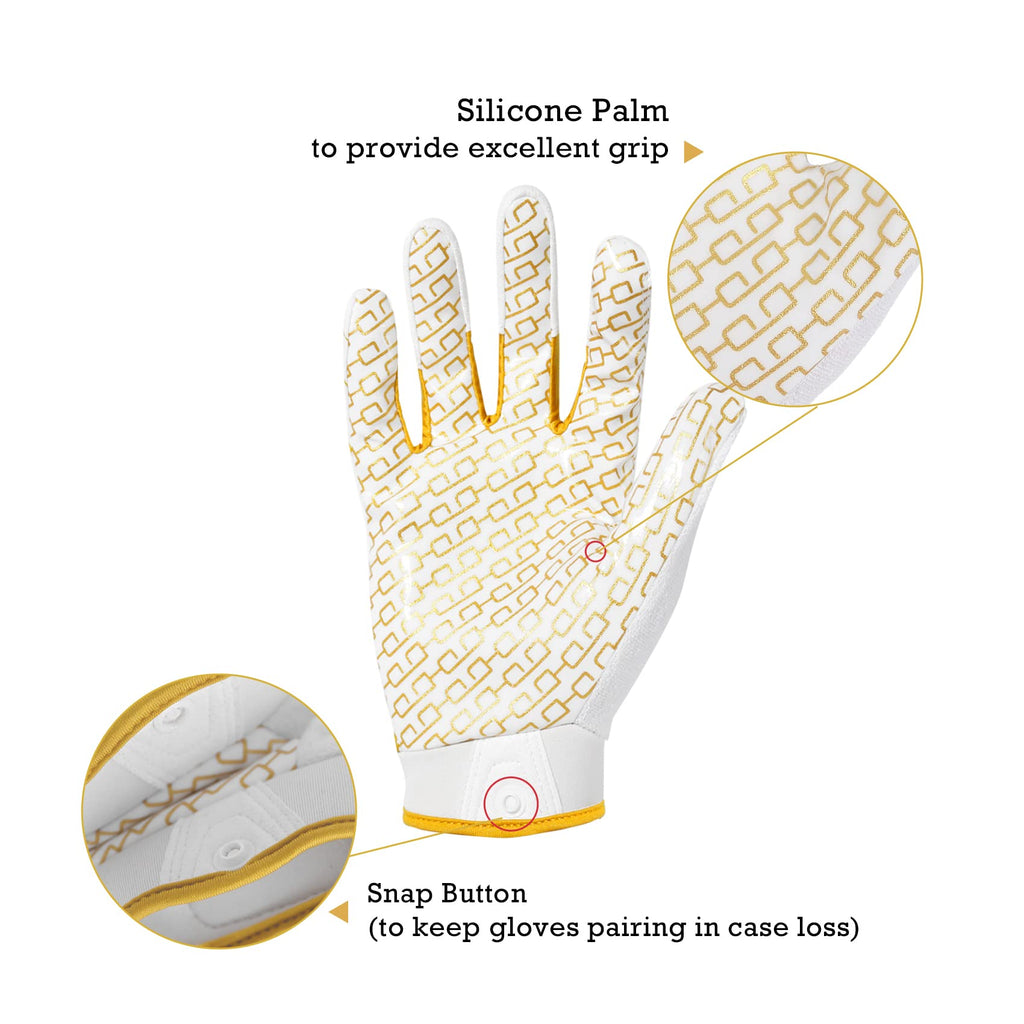 HANDLANDY Kids Football Gloves, Sticky Wide Receiver Gloves for Youth, White and Gold Stretch Fit Football Glove (White and Gold