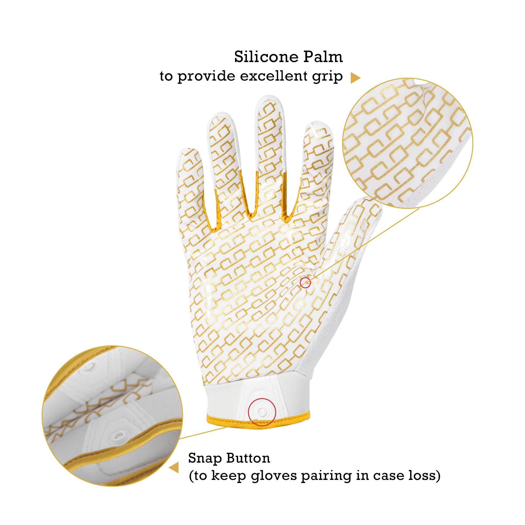HANDLANDY Kids Football Gloves, Sticky Wide Receiver Gloves for Youth, White and Gold Stretch Fit Football Glove (White and Gold