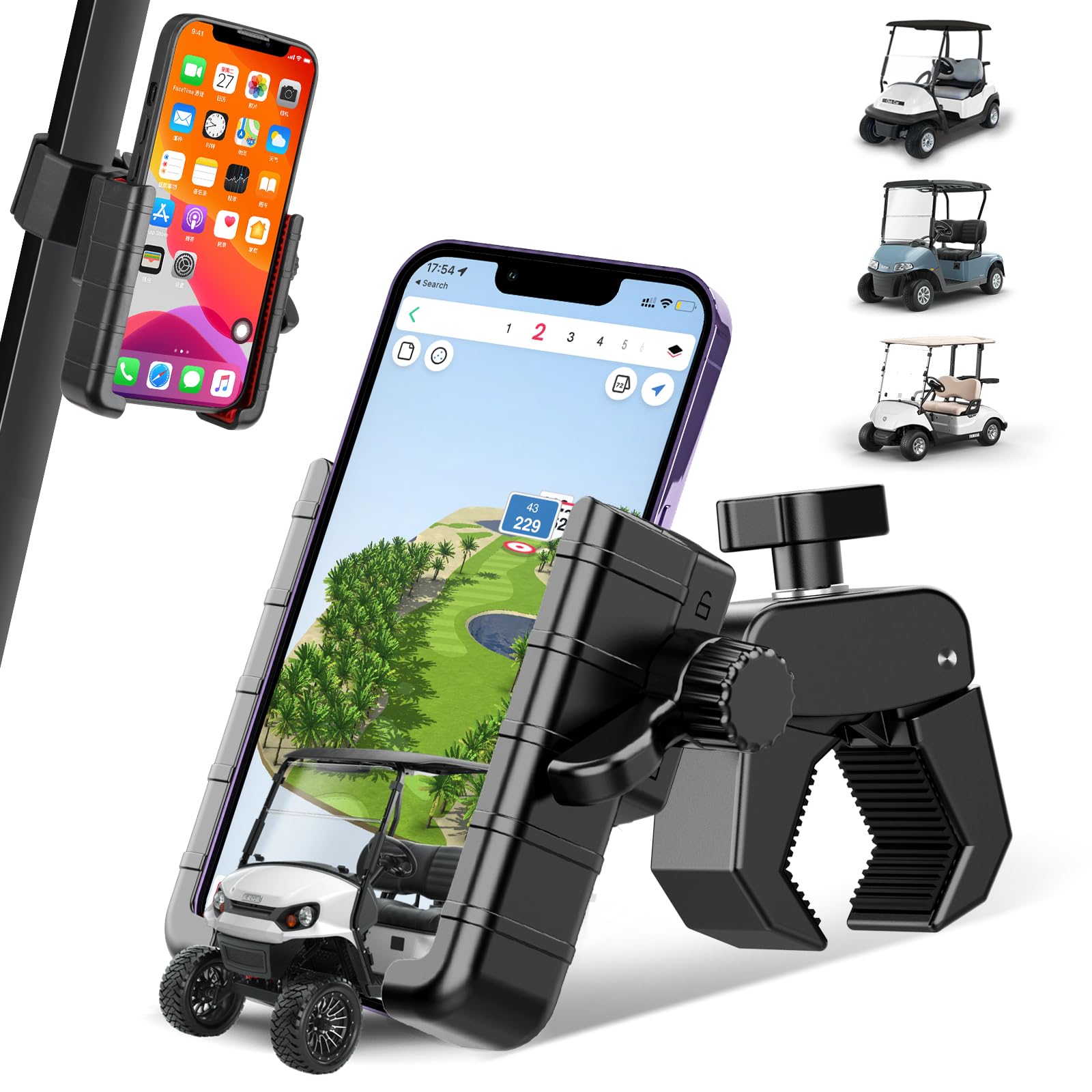 Aliennana Upgraded Golf Cart Phone Mount Holder Compatible With Ezgo/Club Car, 360 Rotatable One-Handed Pick & Place Universal C