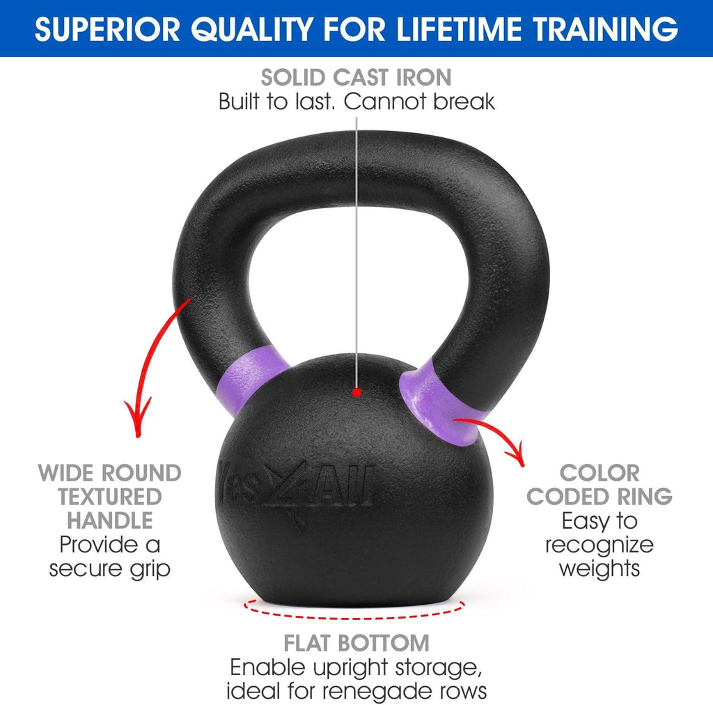 Yes4All Powder Coated Cast Iron Kettlebell Pair Purple - 6 Kg / 13 Lb Strength Training Kettlebells Weight Set For Full Body Wor