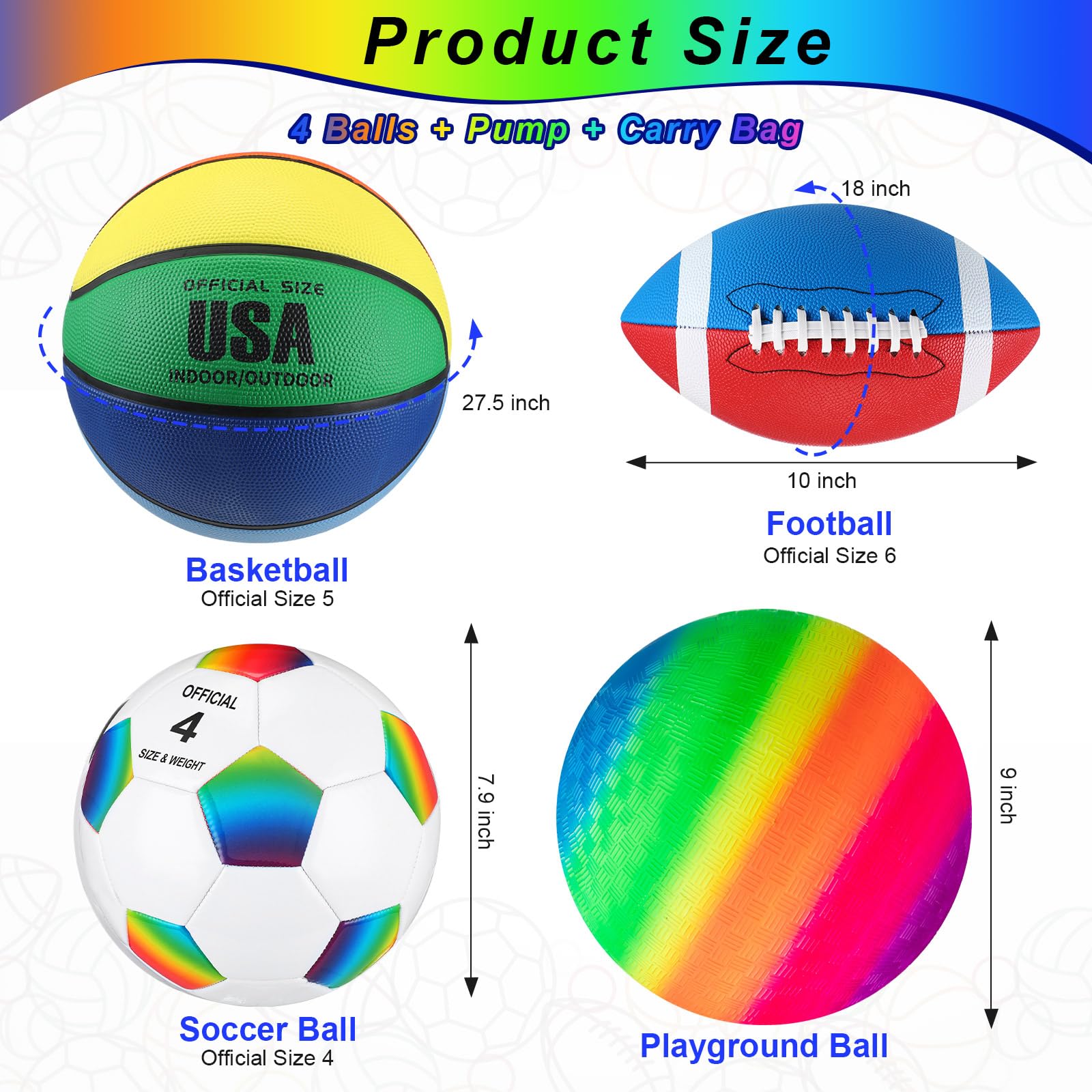 Deekin 4 Pcs Sport Balls Set For Kids Teens, Include Official Size 5 Basketball 4 Soccer 6 Football Playground Ball And Pump Spo