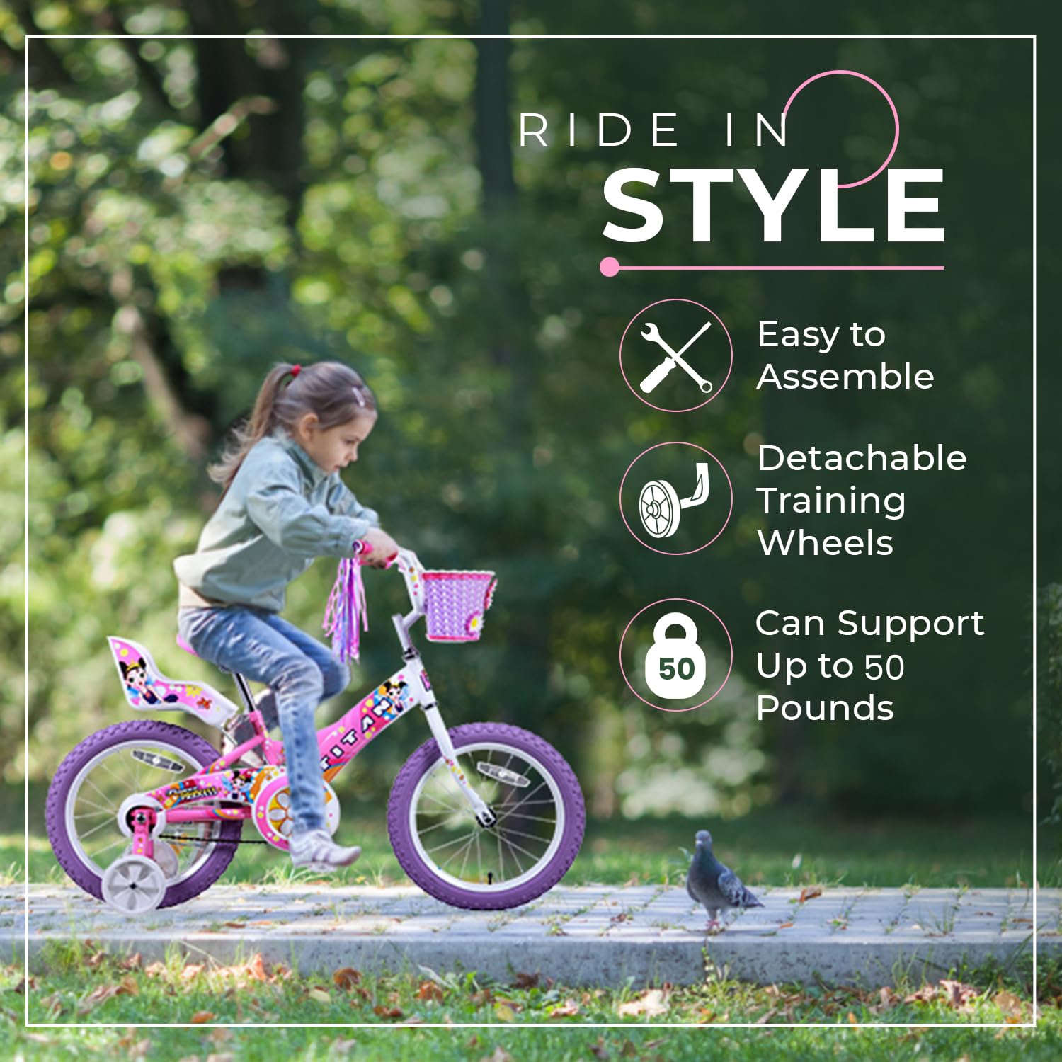 Titan Girl'S Flower Princess Bmx Bike For 4-9 Years Girls With Training Wheels 16 Inch Kids Toddler Bicycle With Utility Basket