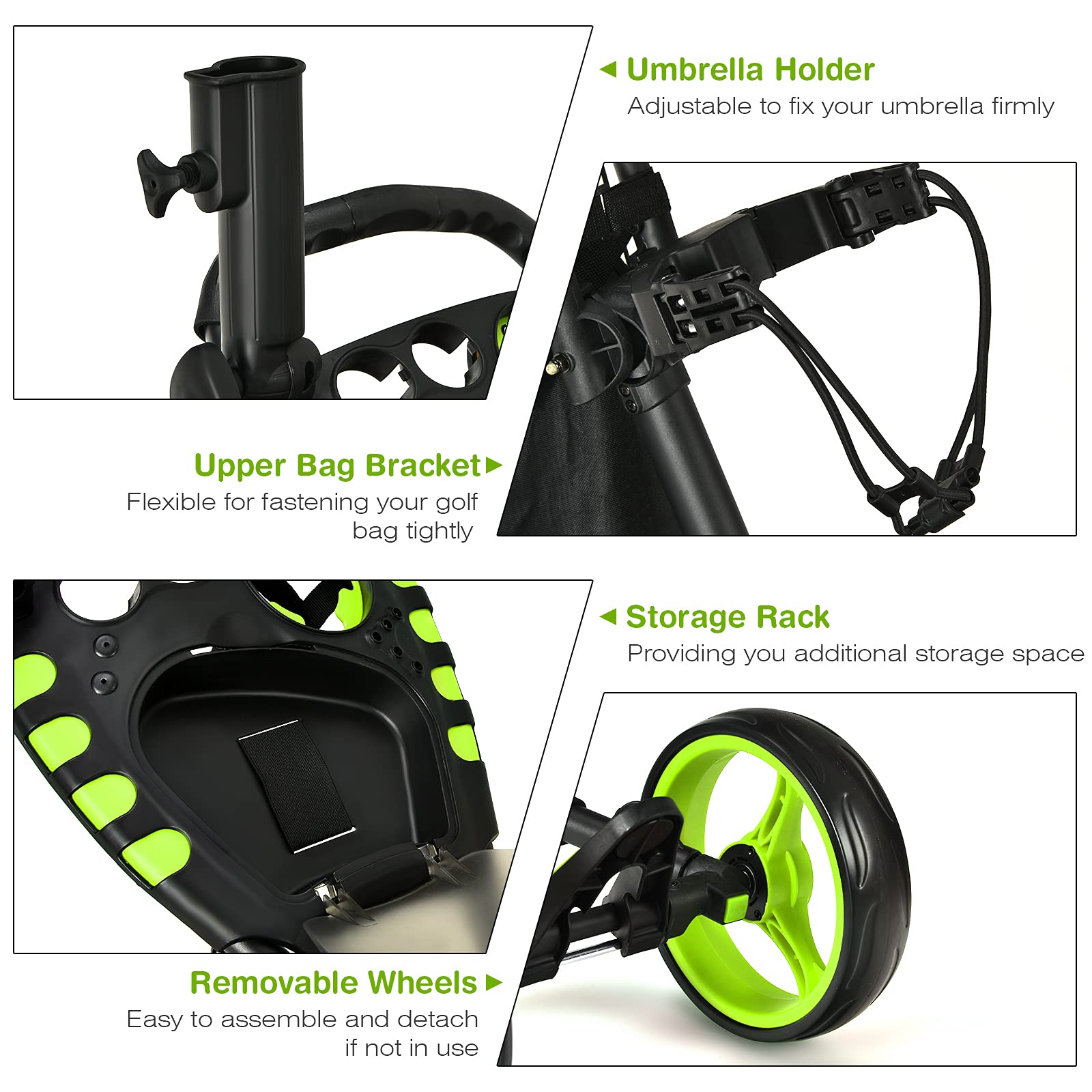 Gymax Folding Golf Push Cart, Height Adjustable Portable Caddy Cart With Umbrella Holder, Waterproof Bag, Built-In Cooler & Foot