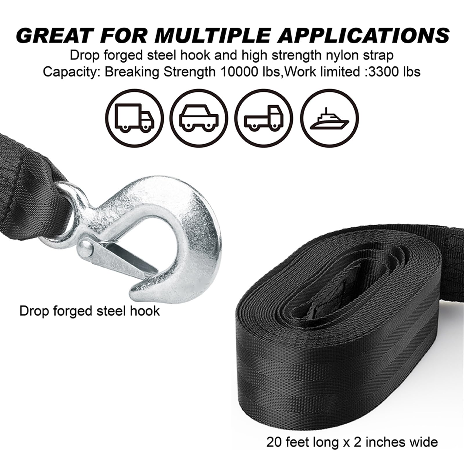2 Inch By 20 Feet Trailer Winch Strap With Hook Heavy Duty Strap Replacement 10000 Lbs Breaking Strength 3300 Lbs Load Capacity