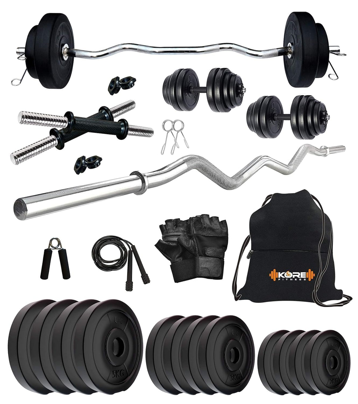 Kore Pvc 40 Kg Home Gym Set With One 3 Ft Curl And One Pair Dumbbell Rods With Gym Bag & Accessories, Multicolor