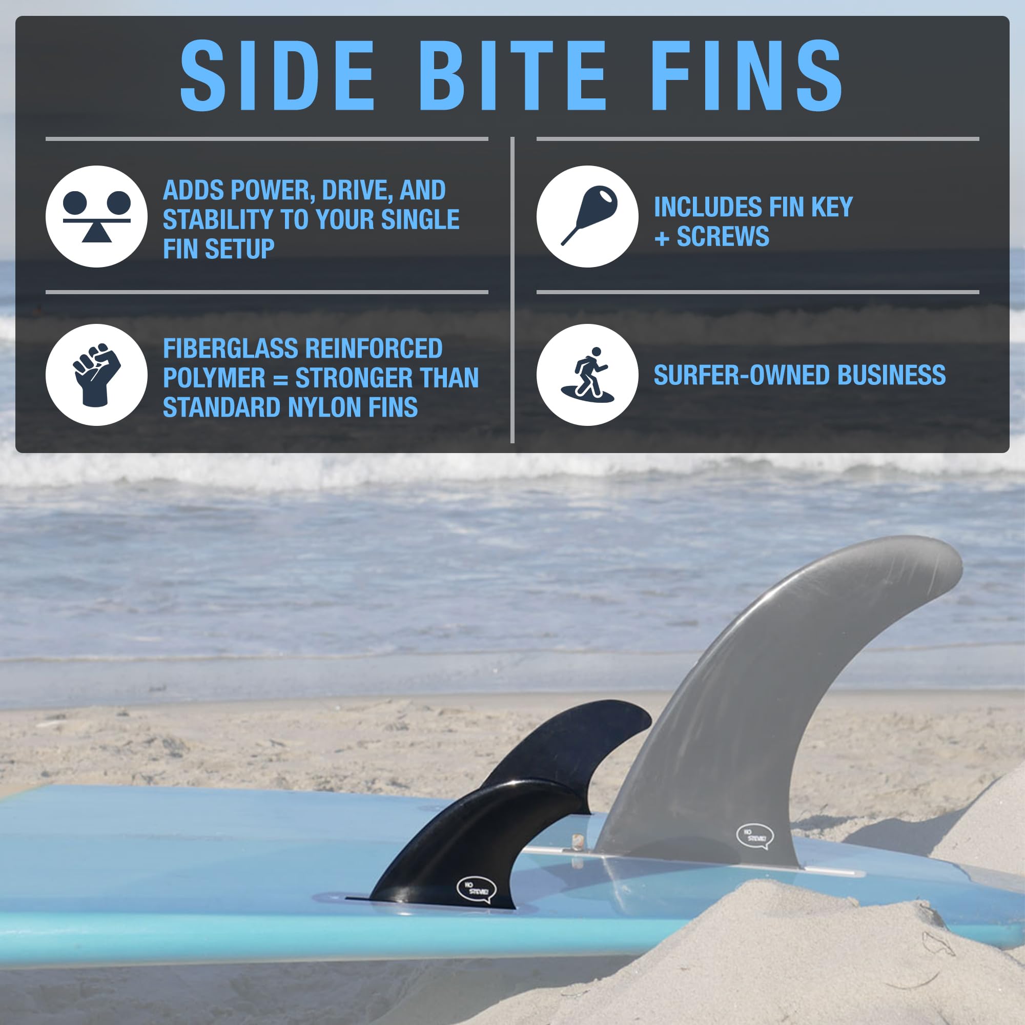 Ho Stevie! Surfboard Side Bite Fins/Rear Trailer Fins (Twin Tab Or Single Tab) [Choose Color] (Black, Twin Tab)