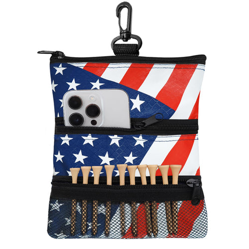 Amy Sport Golf Bag Accessories Valuables Pouch Bags Multi Pocket Zipper Hook with 10 Pcs Wood Golf Tees for Men Women (USA Flag)