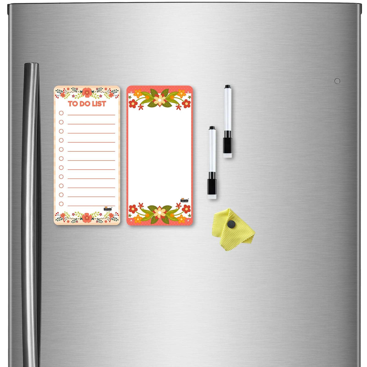 Windup Magnetic to Do List Set with Floral Design, 2 10X21 cm DryErase Sheets, Magnetic Pens and Eraser Cloth for Refrigerator