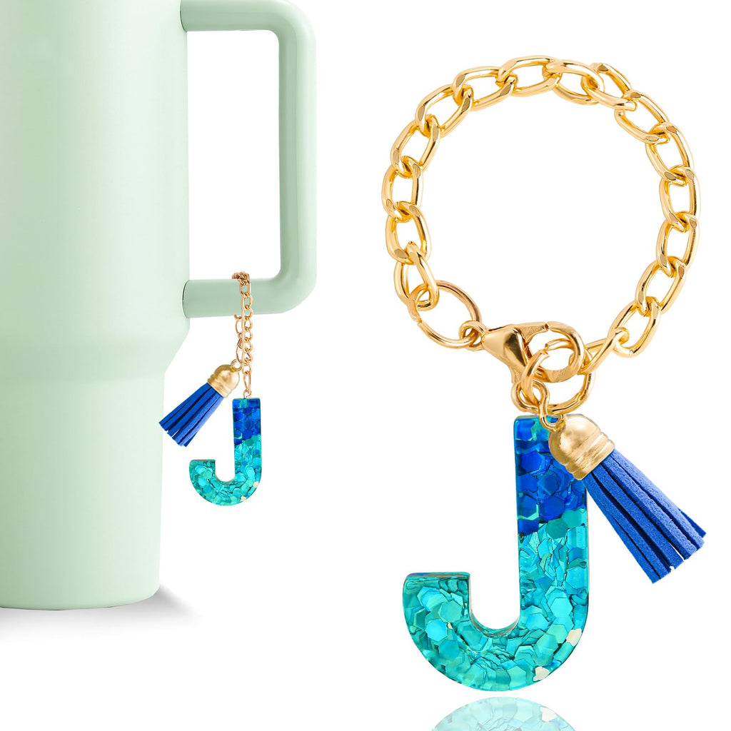 Letter Charm Accessories for Stanley Cup 1 PCS Cute Initial Keychain Handle Charm for Stanley Tumbler for Women Blue Letter J