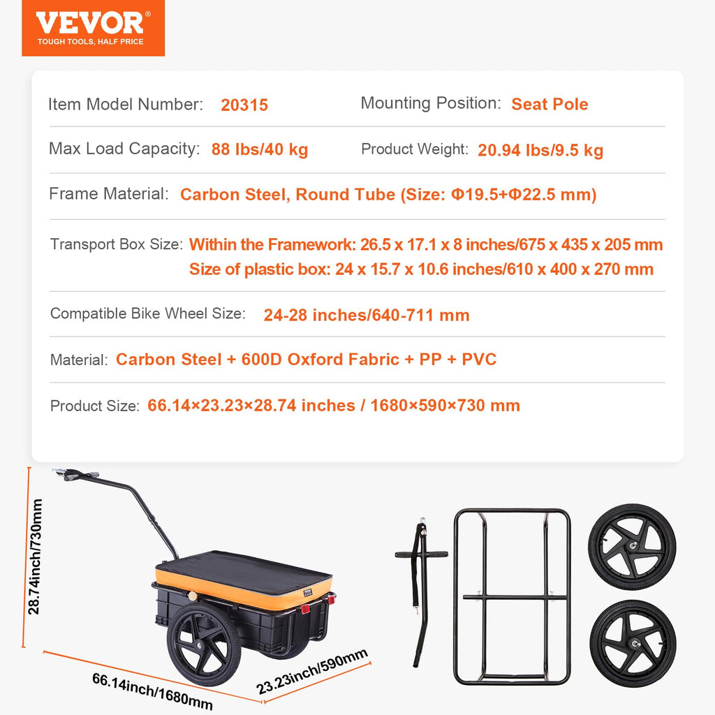 Vevor Bike Cargo Trailer, 88 Lbs Load Capacity, Heavy-Duty Bicycle Wagon Cart, Foldable Compact Storage With Universal Hitch, Wa