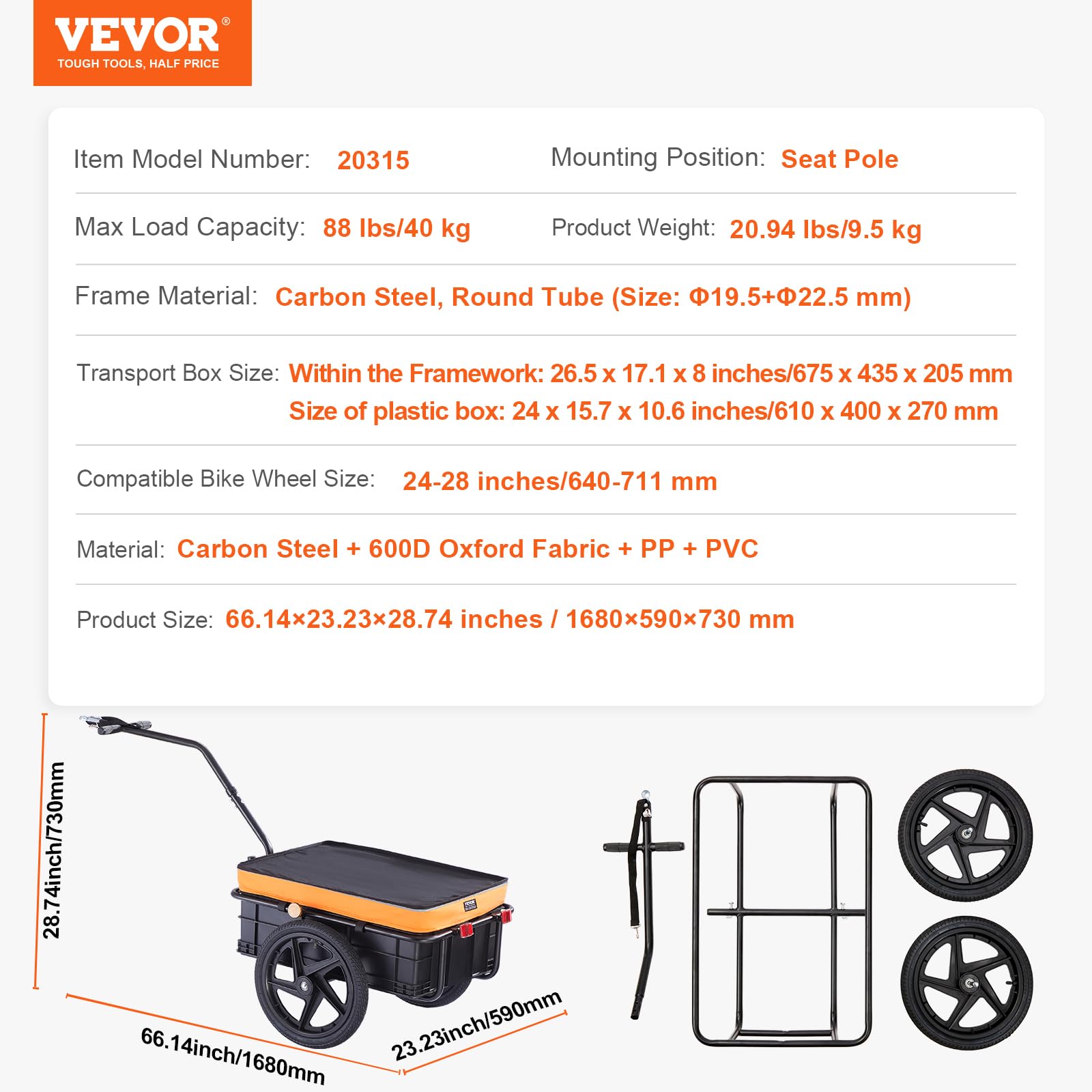 Vevor Bike Cargo Trailer, 88 Lbs Load Capacity, Heavy-Duty Bicycle Wagon Cart, Foldable Compact Storage With Universal Hitch, Wa