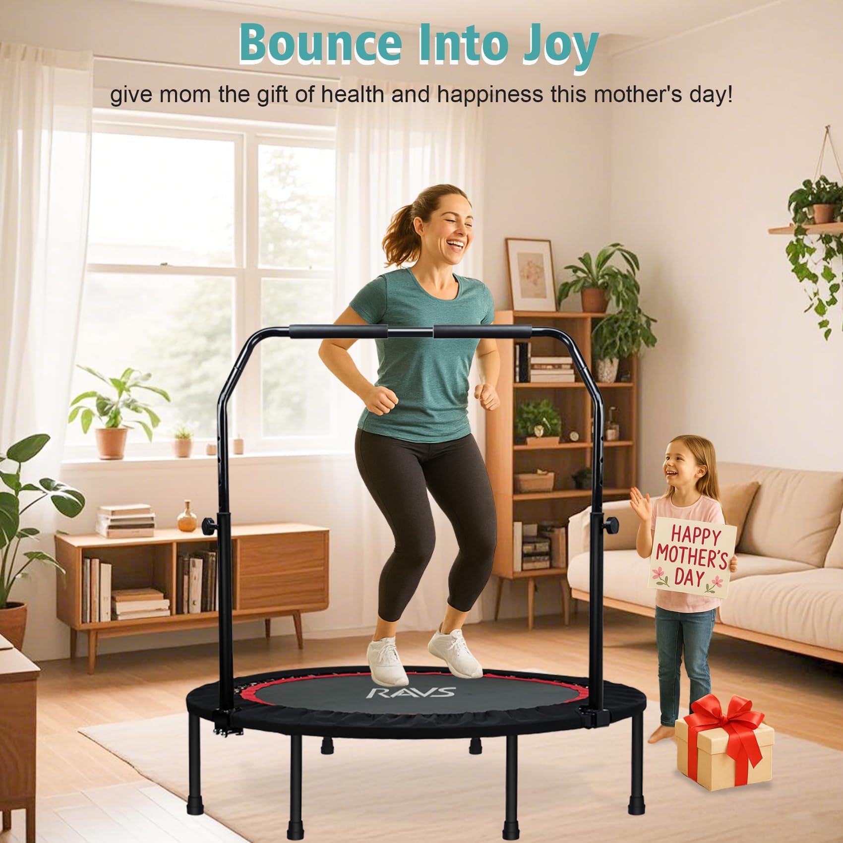 Ravs Mini Trampoline For Kids Adults 40'' Foldable Fitness Rebounder Kids Trampoline With 5 Levels Height Adjustable Handle Resi