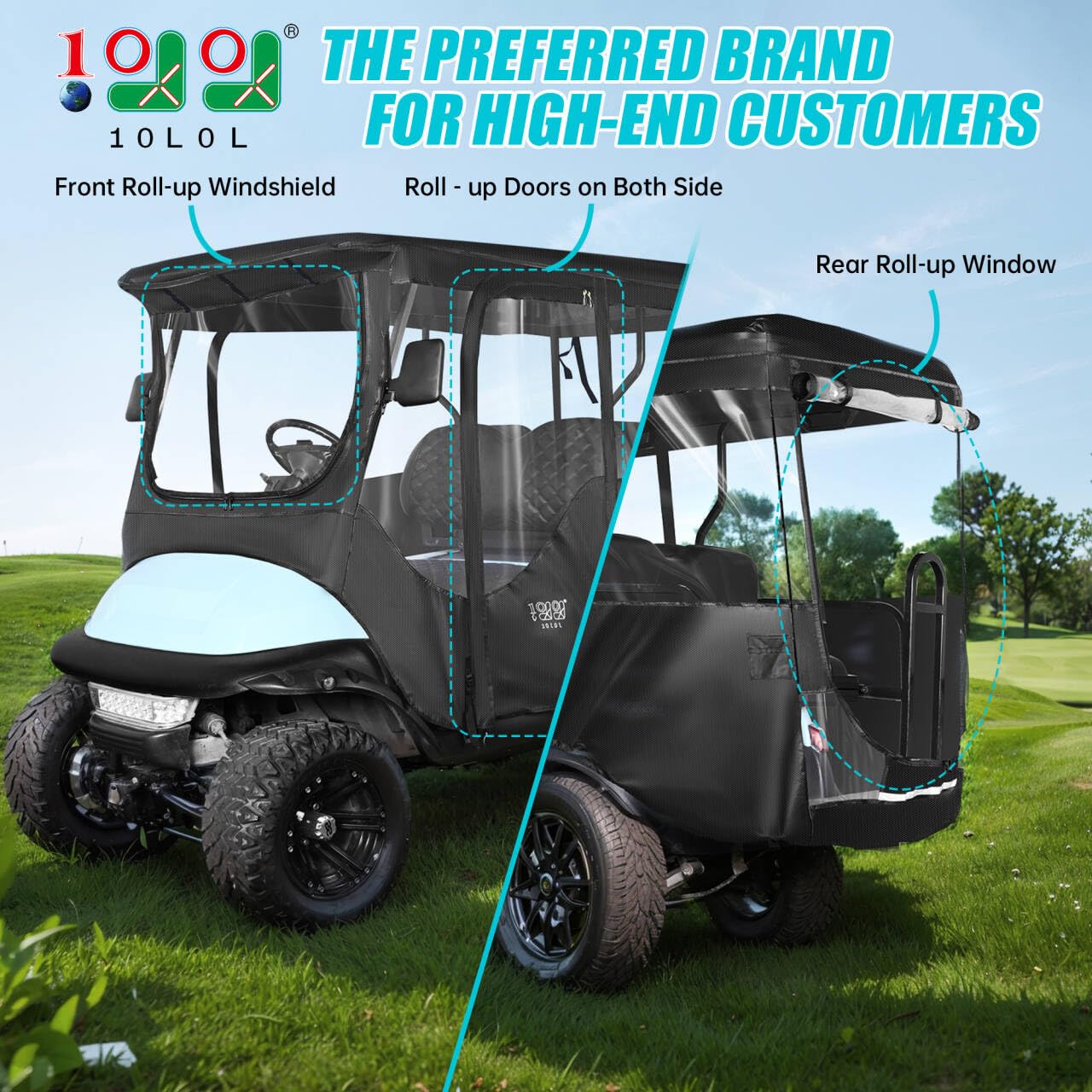 10L0L 4 Passenger Golf Cart Driving Enclosure For Club Car Precedent With Extended Roof Up To 81'', 4-Sided Clear Window 420D Ra