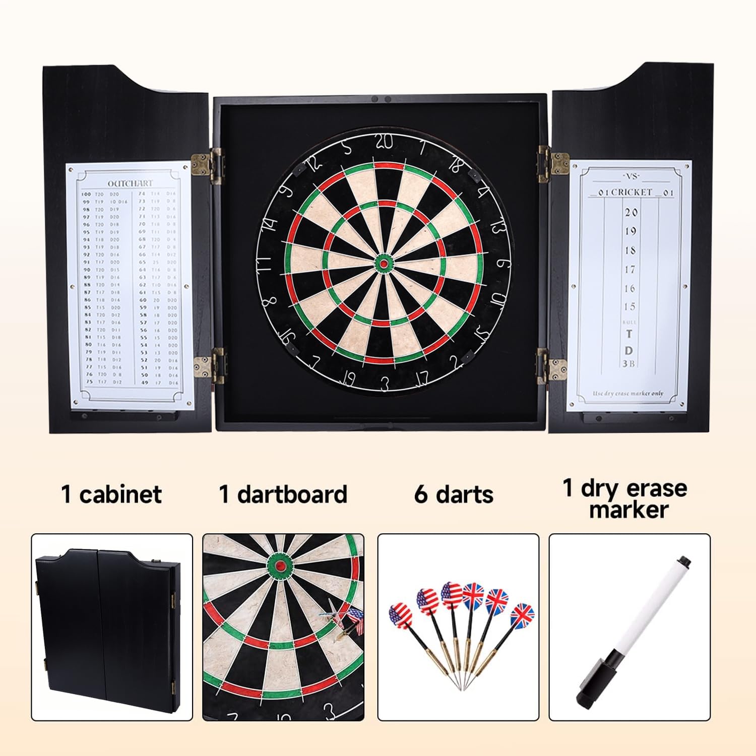 Gse Professional Solid Wood Classic Dartboard Cabinet With Sisal/Bristle Dartboard, Dart Scoreboard, And 6 Steel Tip Darts, Easy