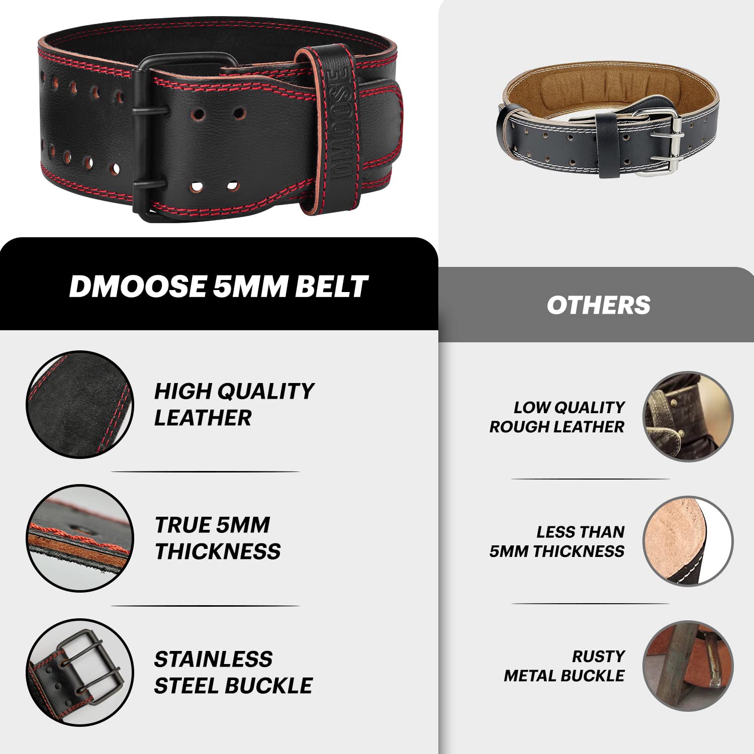 Dmoose Weightlifting Belts For Men Genuine Leather For Men And Women, 4 Inch Wide, Adjustable Buckle, 5Mm Thick For Weightliftin