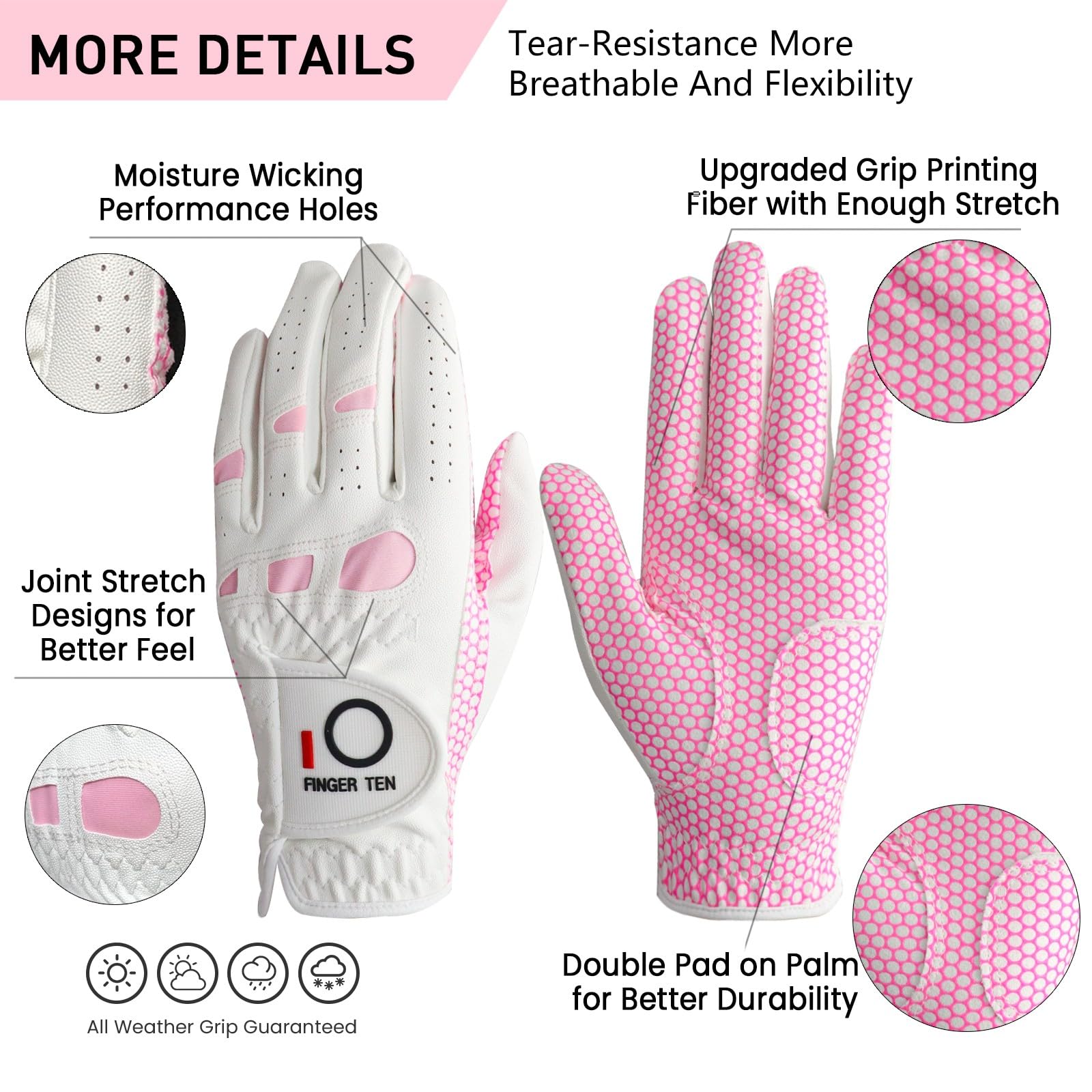 Amy Sport Womens Golf Glove Pair Both Hands Golf Gloves Women Right Handed Golfer Left Hand Ladies Rain Grip All Weather Pink Si