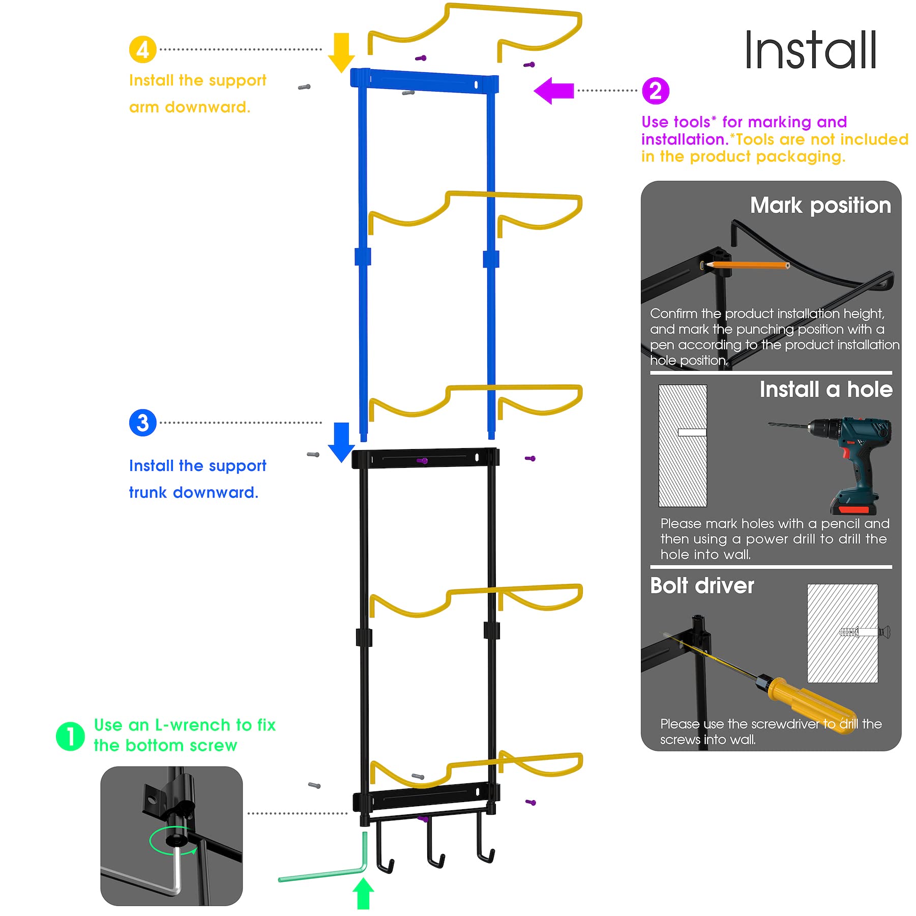 Yoga Mat Holder Wall Mount, Wall Rack Organizer, Storage Foam Roller And Block, With 5 Sectional And 3 Hooks For Hanging Yoga St