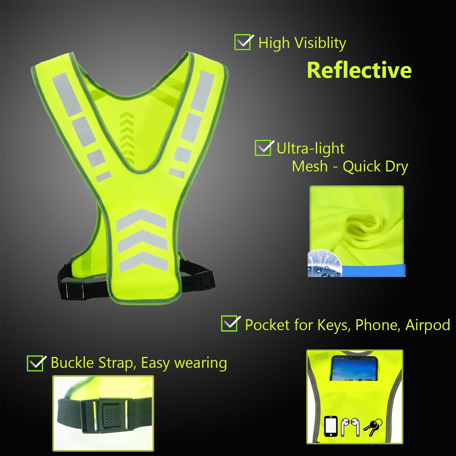 Tourun Reflective Running Vest Gear With Pocket For Women Men Kids, Safety Reflective Vest Bands For Night Cycling Walking Bicyc