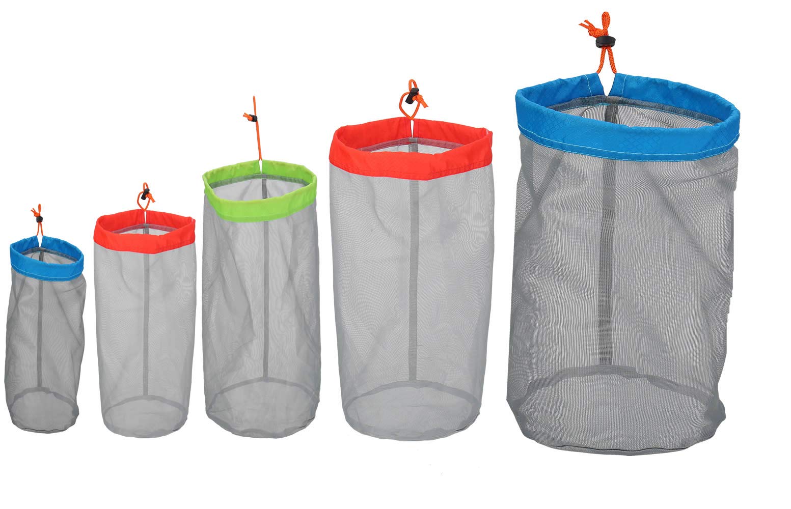 Alemon Small to XXlarge 5 Pcs Drawstring Mesh Stuff Sack, Ditty Bags Storage Pouch Bags Sleeping Bag for Travel Camping Hiking, 