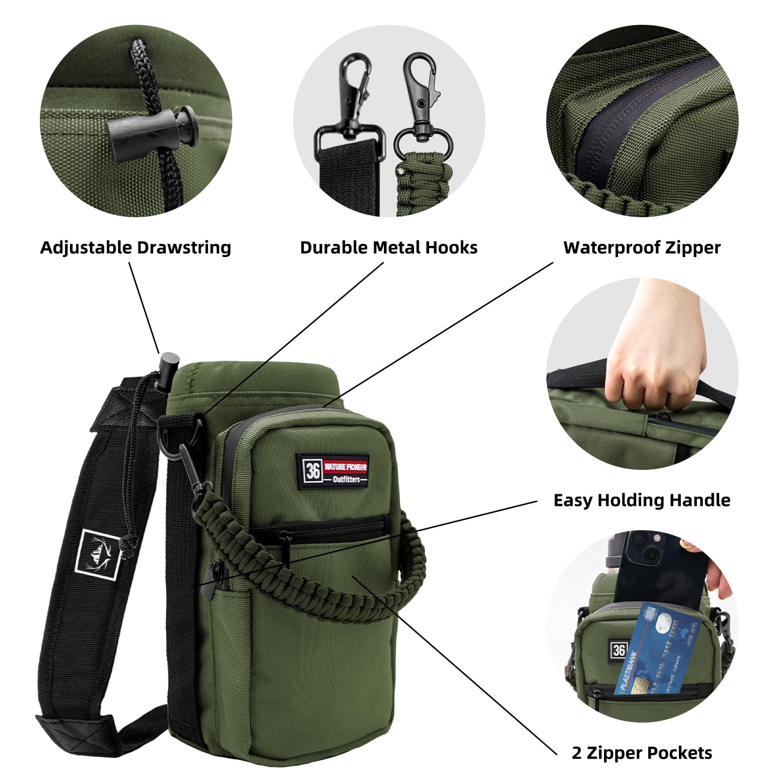 Nature Pioneor Water Bottle Carrier With Adjustable Strap - Insulated Sleeve Pouch Water Bottle Holder Bag With Paracord Handle