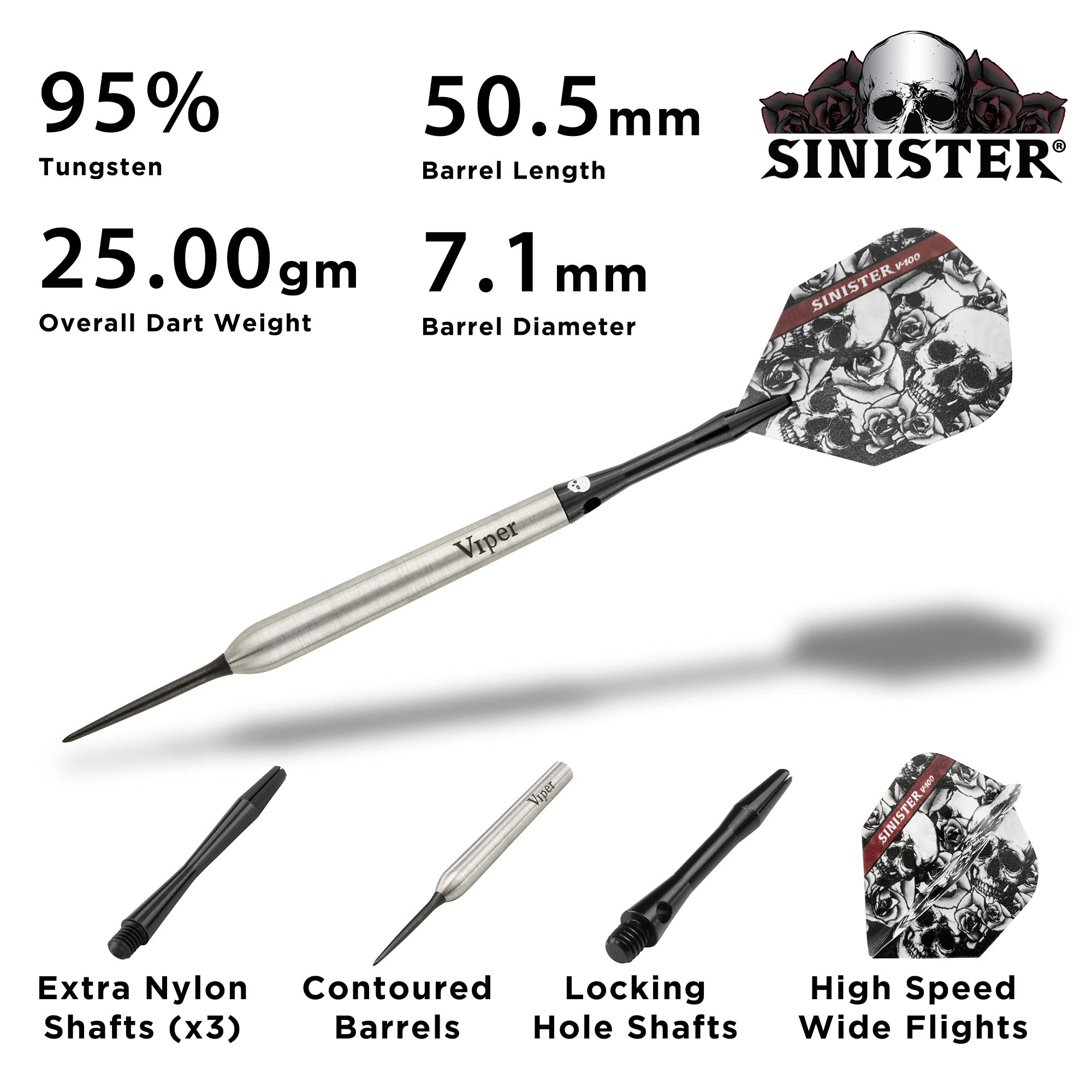 Viper By Gld Products Sinister 95% Tungsten Steel Tip Darts, 25 Grams,Silver,23-3811-25