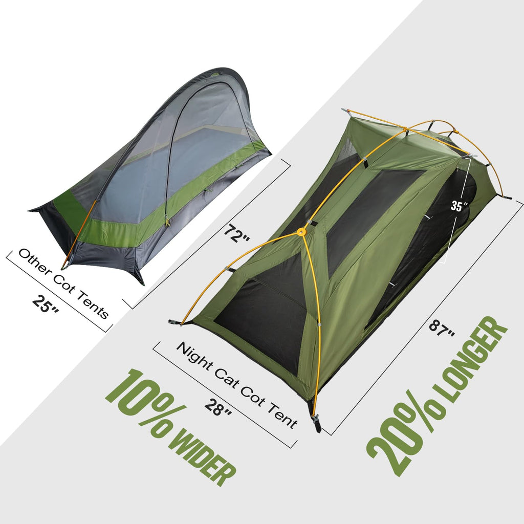 Night Cat Camping Cot Tent - Waterproof 1-Person Off-Ground Combo Cot Bed For Adults Portable Easy Set-Up Tent
