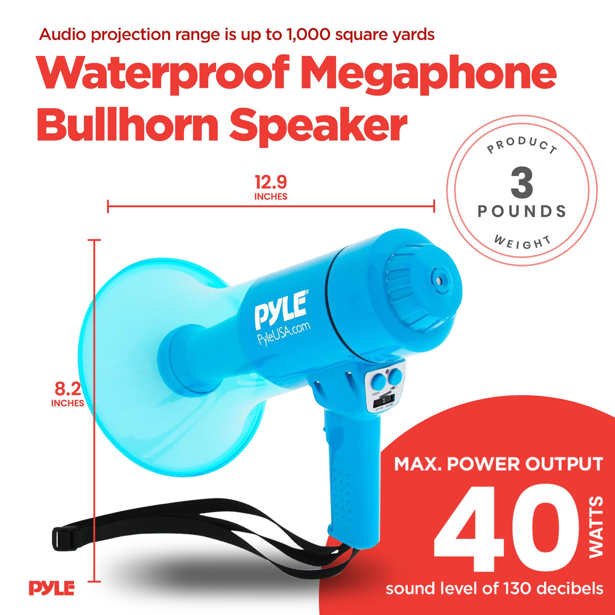 Pyle Compact And Portable Mega Phone Speaker - 40W Waterproof Bullhorn With Alarm Siren, Adjustable Volume, Led Flashlight, And