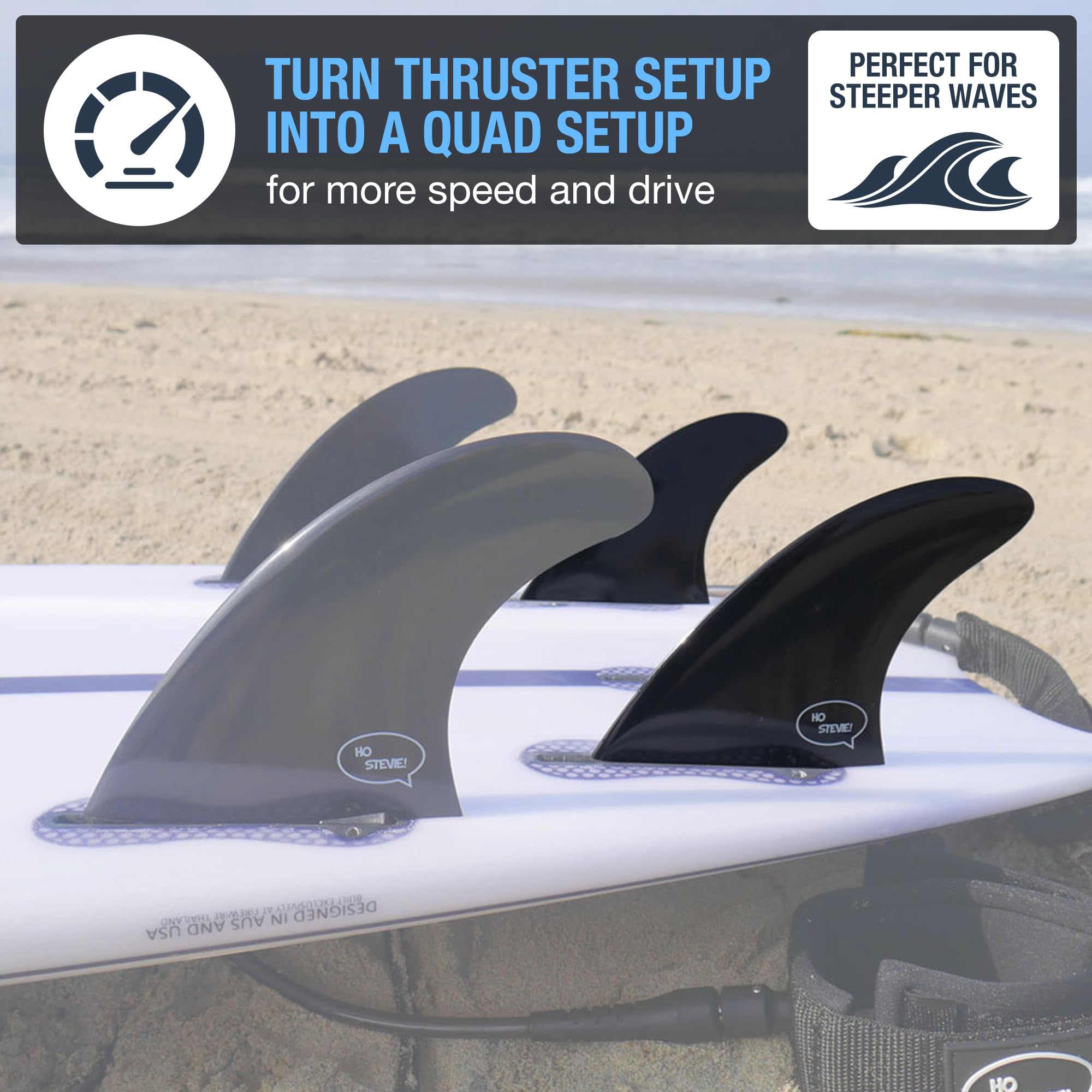 Ho Stevie! Surfboard Side Bite Fins/Rear Trailer Fins (Twin Tab Or Single Tab) [Choose Color] (Black, Twin Tab)