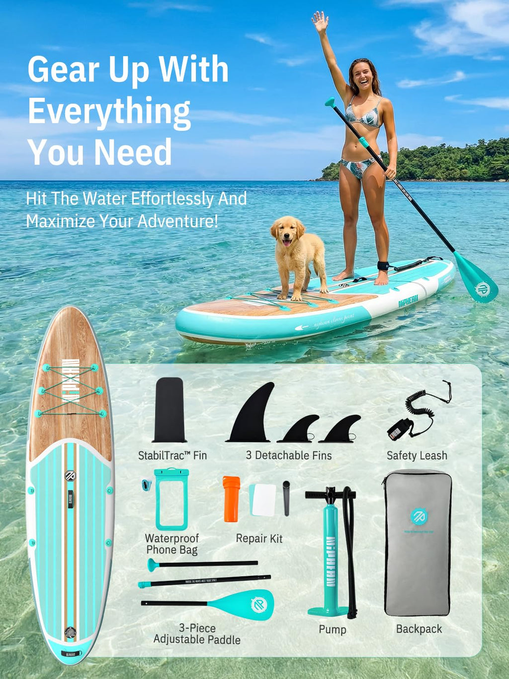 Niphean Inflatable Stand Up Paddle Board with Stabiltrac Fin Design and SUP Accessories, Anti-Slip EVA Deck, 106 Inflatable Padd