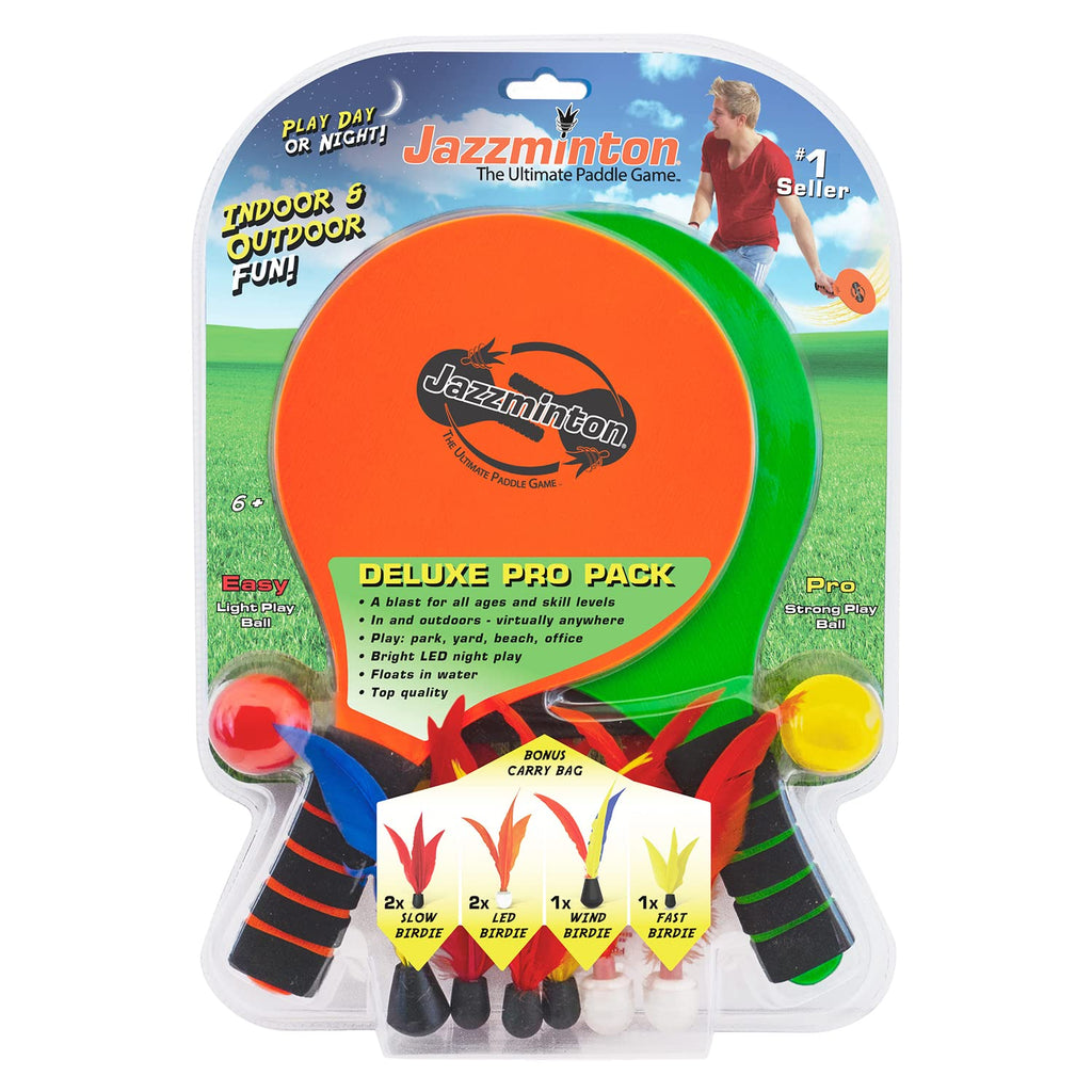 Paddle Ball Game Jazzminton Deluxe With Led Birdie - Indoor/Outdoor Game For Kids, Teens And Adults