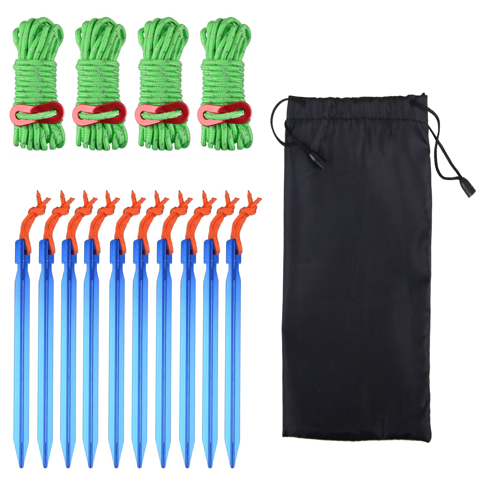 Triwonder Aluminum Tent Stakes Pegs & Reflective Guylines With Tent Cord Tensioners For Camping, Hiking, Backpacking (Green)