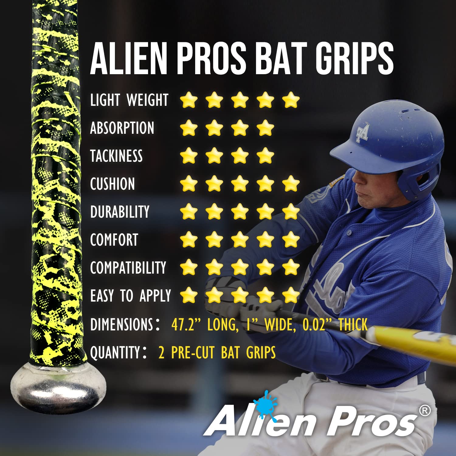 Alien Pros Bat Grip Tape For Baseball 0.5 Mm (2 Pack, Magic) - Precut And Pro Quality Bat Tape - Wrap Your Bat For An Epic Home