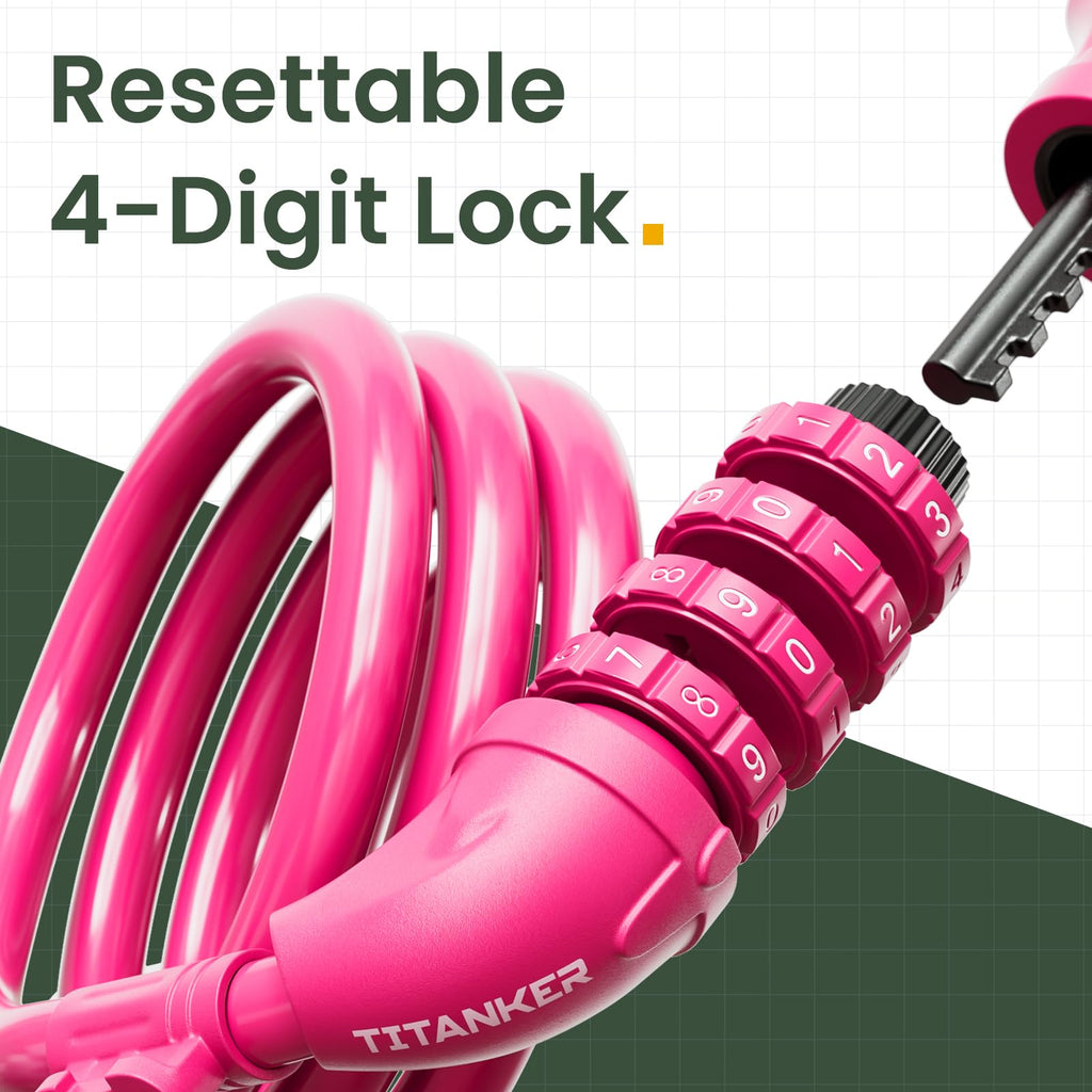 Titanker Bike Lock, 4 Feet Security Resettable Combination Coiling Bike Cable Locks With Mounting Bracket, 1/2 Inch Diameter (Pi