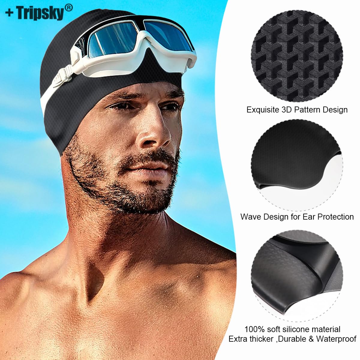 Tripsky Silicone Swim Cap For Long Hair, Swimming Cap For Women Men Teenagers, Stereoscopic Pattern Bathing Cap Ideal For Curly