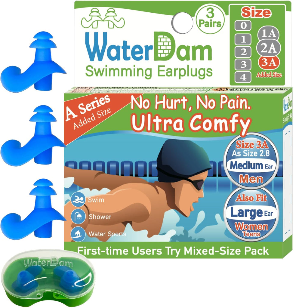Waterdam A-Series Swimming Ear Plugs Ultra Comfy Great Waterproof Earplugs (Size 3A, Size 3A+3A+3A: Medium Ear Men & Large Ear T