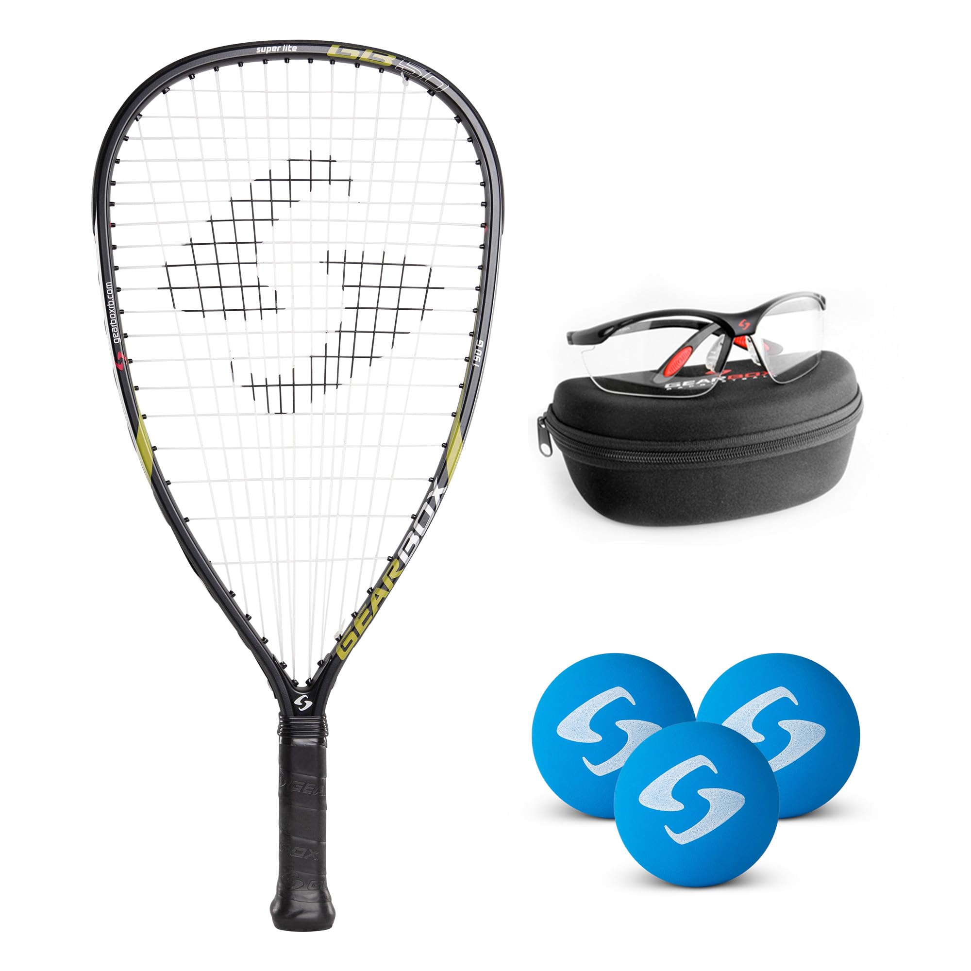 Gearbox GB50 Racquetball Starter Kit - Includes GB50 Racquet, Clear Vision Eyewear, and 3-Pack Blue Racquetballs - Perfect for B
