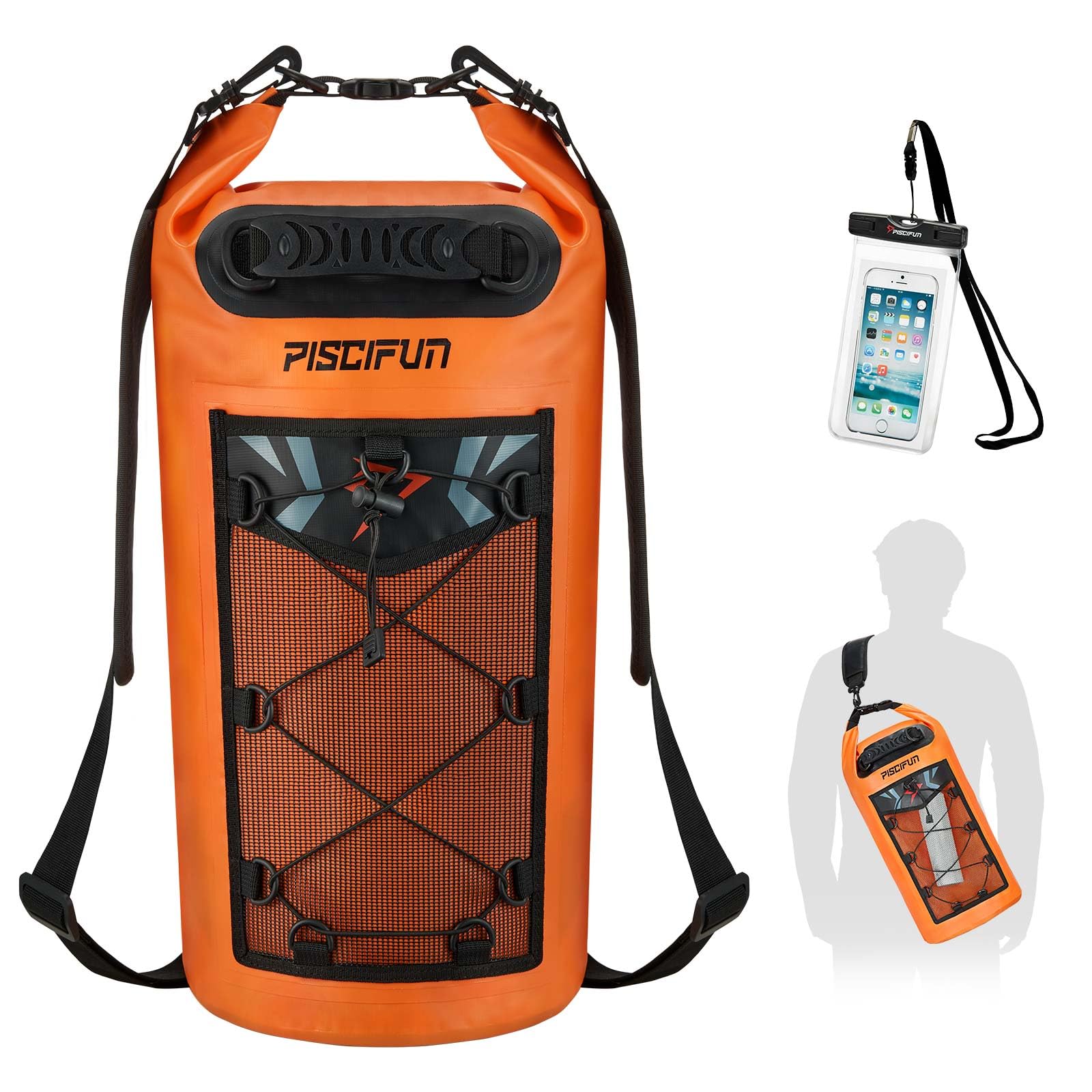 Piscifun Dry Bag, Waterproof Floating Backpack 20L with Waterproof Phone Case for Boating, Kayaking, Fishing, Orange 20L