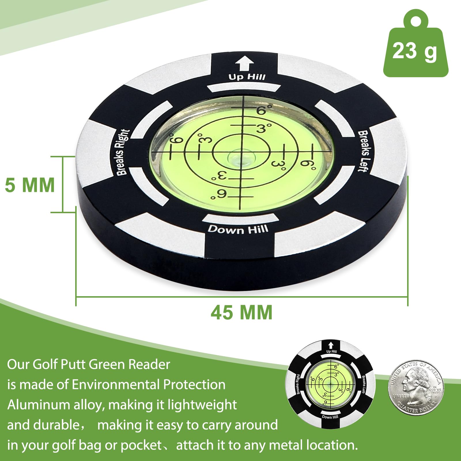 Jiuyibc Golf Putt Green Reader, Magnetic Aluminum Alloy Round Bubble Level, High Precision Reader, Golf Putting Aid, Golf Access