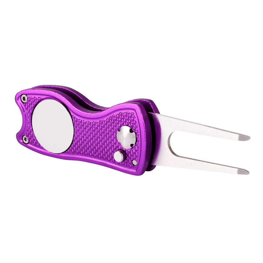 Mile High Life All Metal Foldable Golf Divot Tool With Pop-Up Button & Magnetic Ball Marker (Purple Fish)