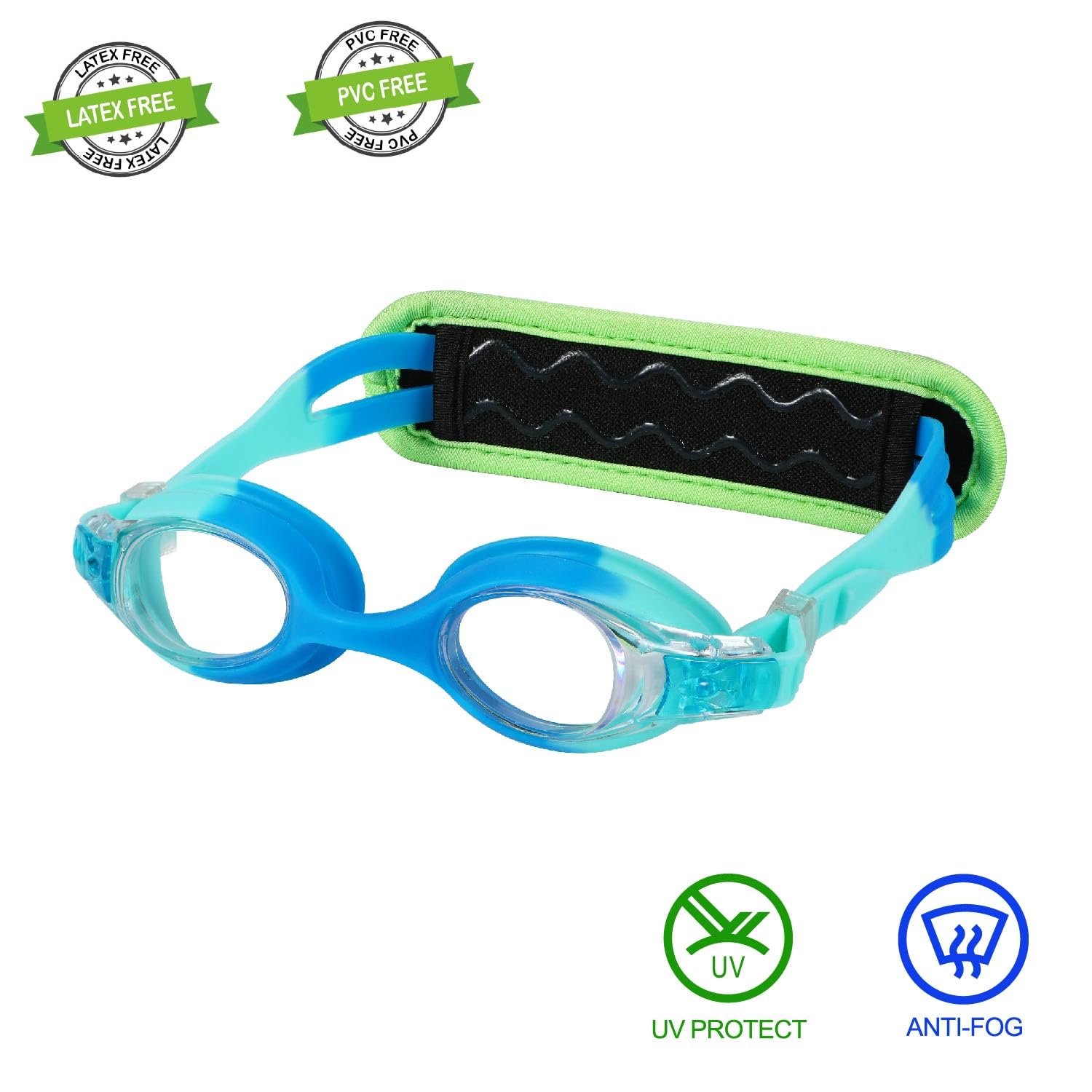 RUIGAO Kids Swim Goggles Age 2-6, Toddler Goggles No Hair Pull,UV Protection/Anti Fog/Padded HeadBand (1PK Kids -Blue & Blue)
