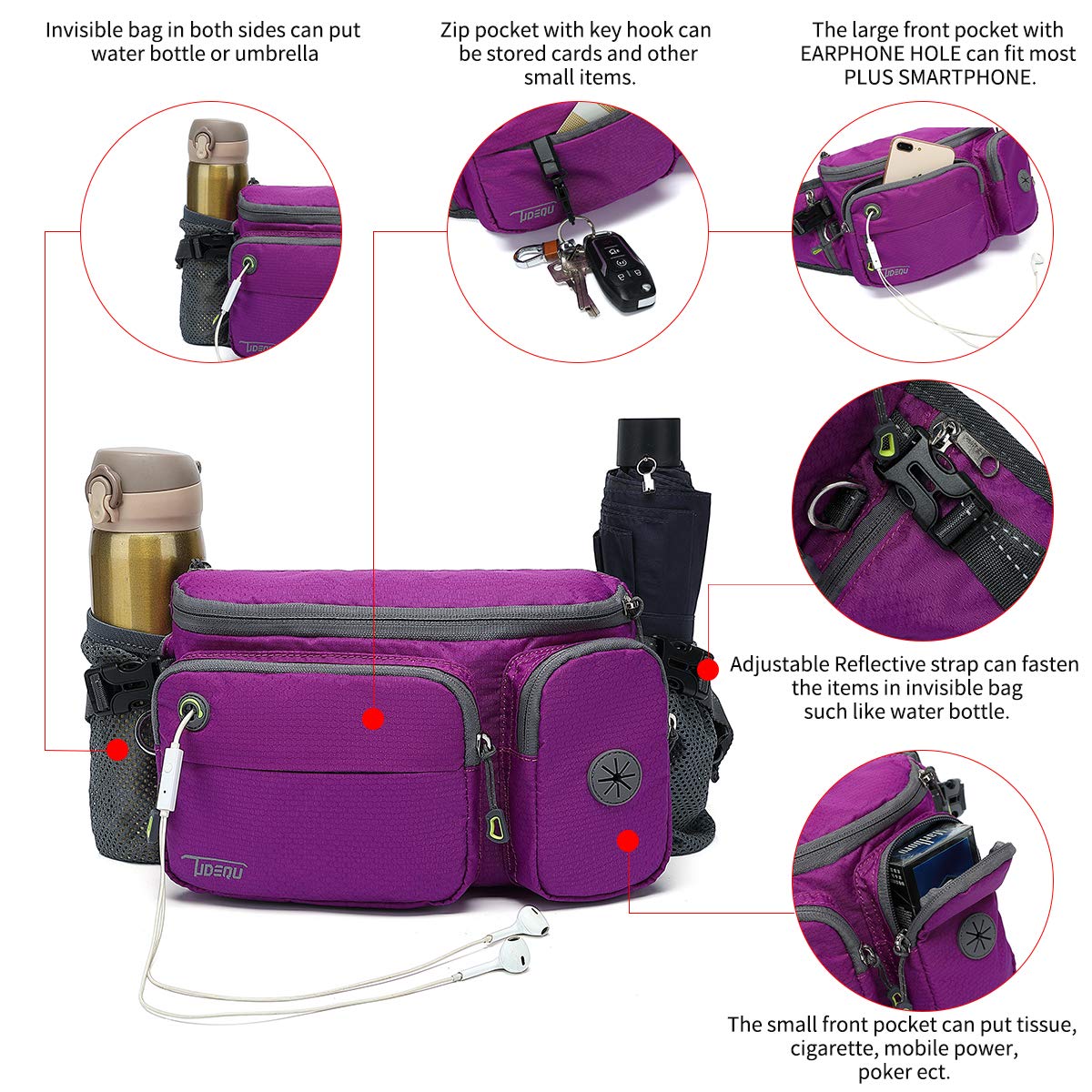 Tudequ Dog Walking Fanny Pack Large Hiking Waist Pack Waist Bag With 2 Hidden Water Bottle Holder For Men Women,Water Resistant