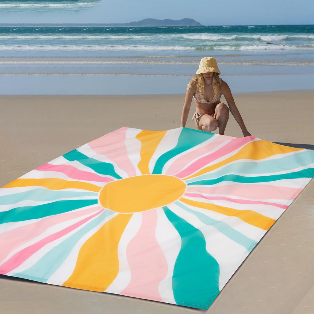 Beach Blanket Waterproof Sandproof, Oversized Picnic Blankets With Stakes And Sand Pockets, Lightweight Quick Drying, Extra-Larg