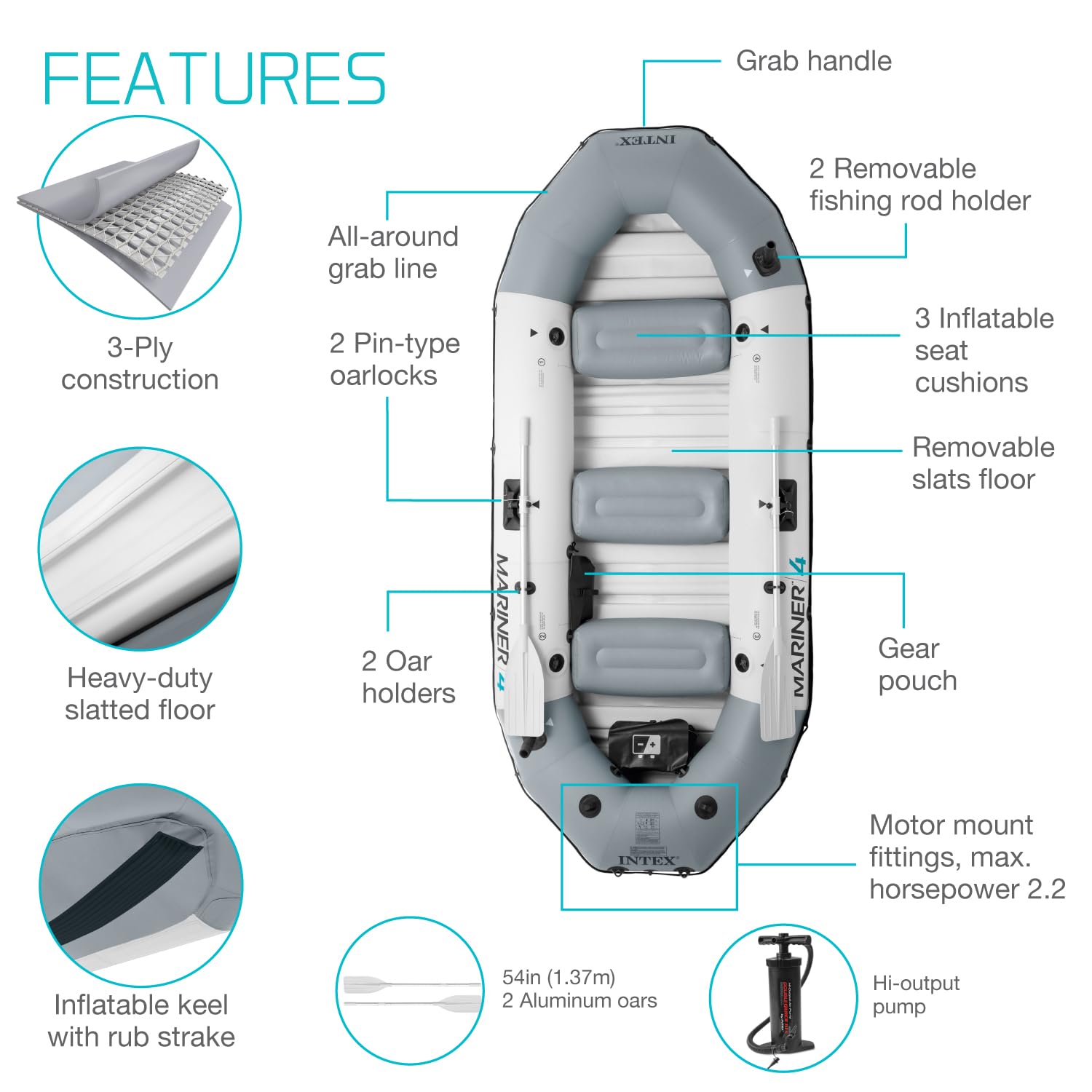 Intex 68376Ep Mariner 4 Inflatable Boat Set: Includes Deluxe 54In Aluminum Oars And High-Output-Pump - Supertough Pvc - Inflatab