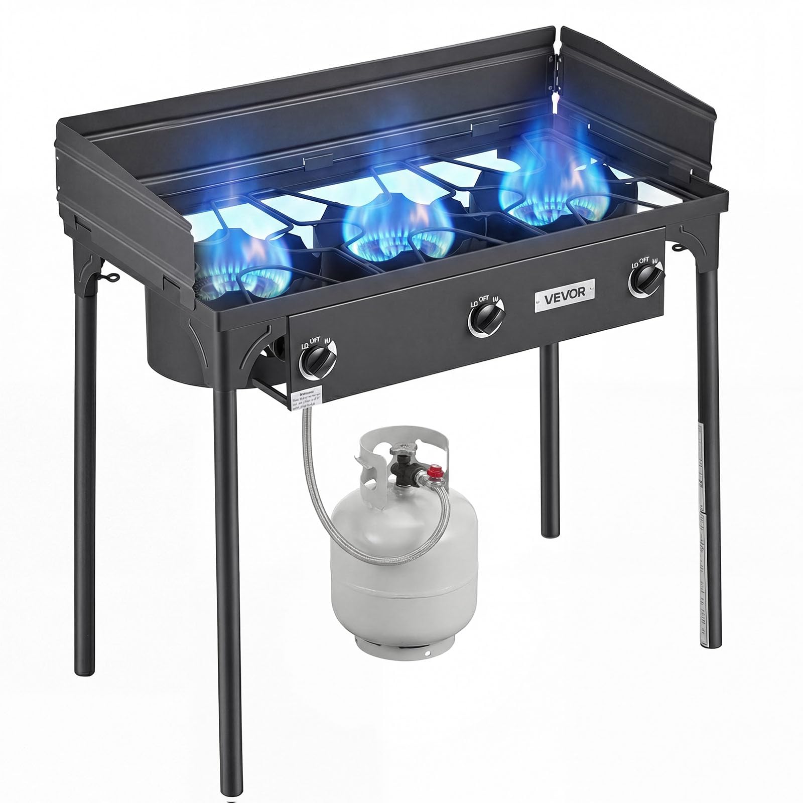 VEVOR 3 Burner Outdoor Propane Gas Stove, 225,000 BTU Propane LPG Gas Camping Stove, Heavy-duty Carbon Steel Outdoor Cooker, wit