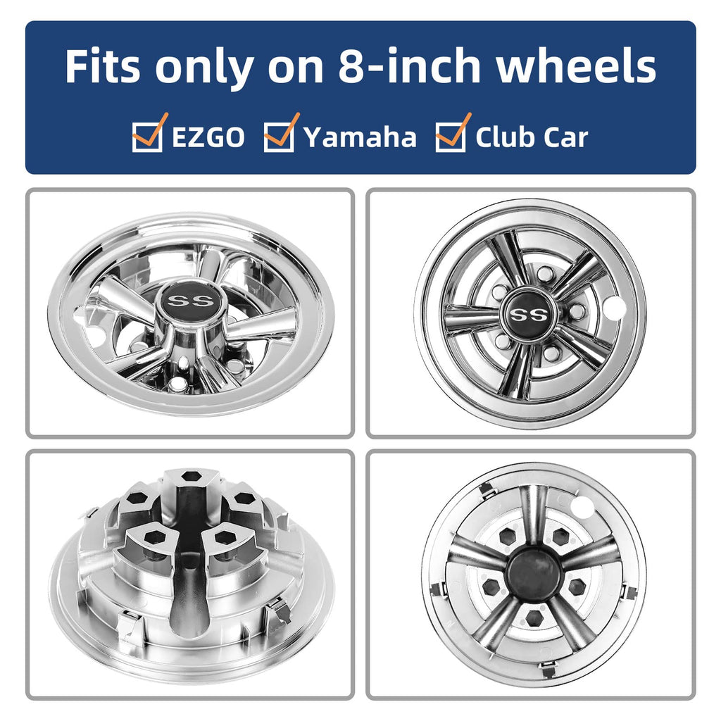 Nokins Golf Cart Hubcaps 8 Inch Set Of 4, Club Car/Ezgo/Yamaha Tires Wheel Covers,Chrome Accessory & Accessories